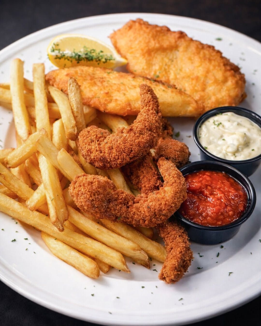 Plate of fried fish and shrimp with French fries, lemon wedge, and tartar and cocktail sauces