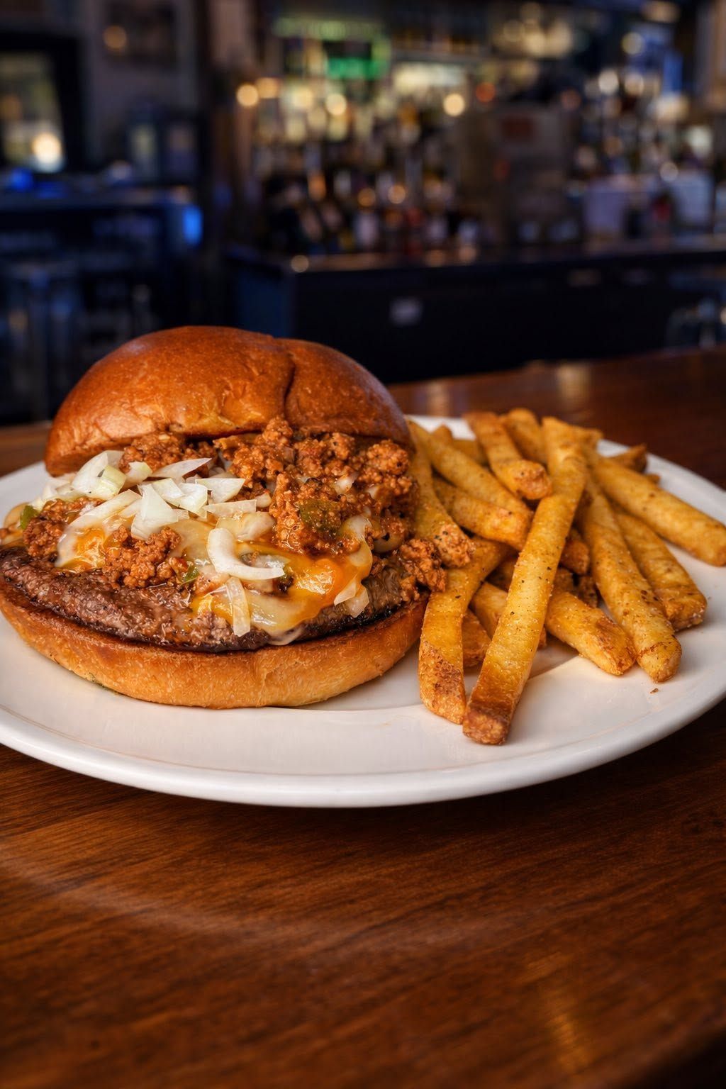 Cheeseburger sandwich with seasoned fries on a white plate in a dimly lit restaurant