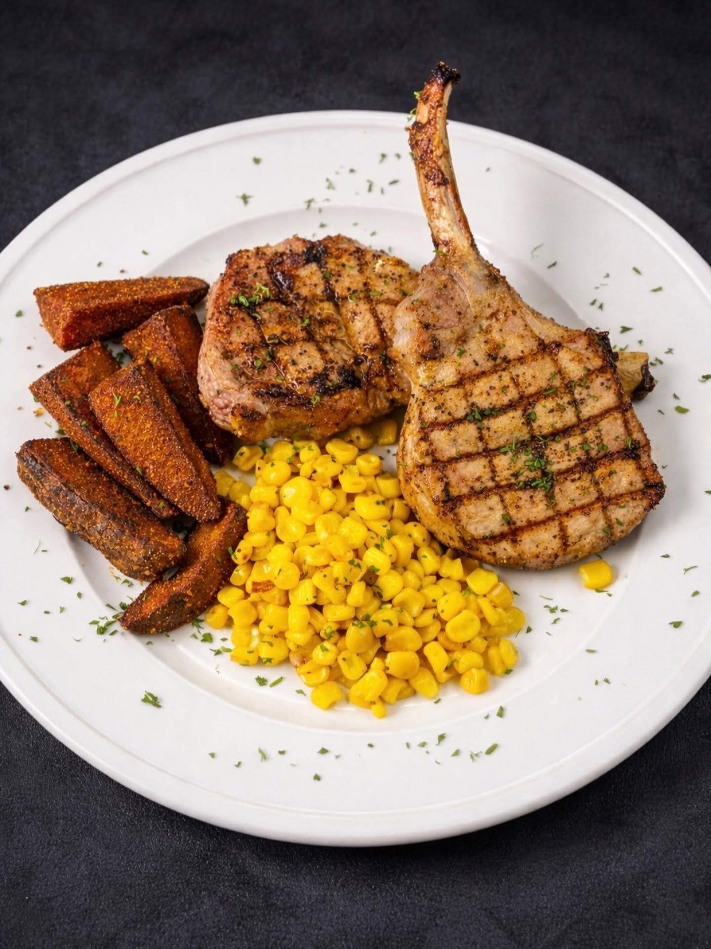 Grilled steak, chicken, corn, and potato wedges on a white plate.