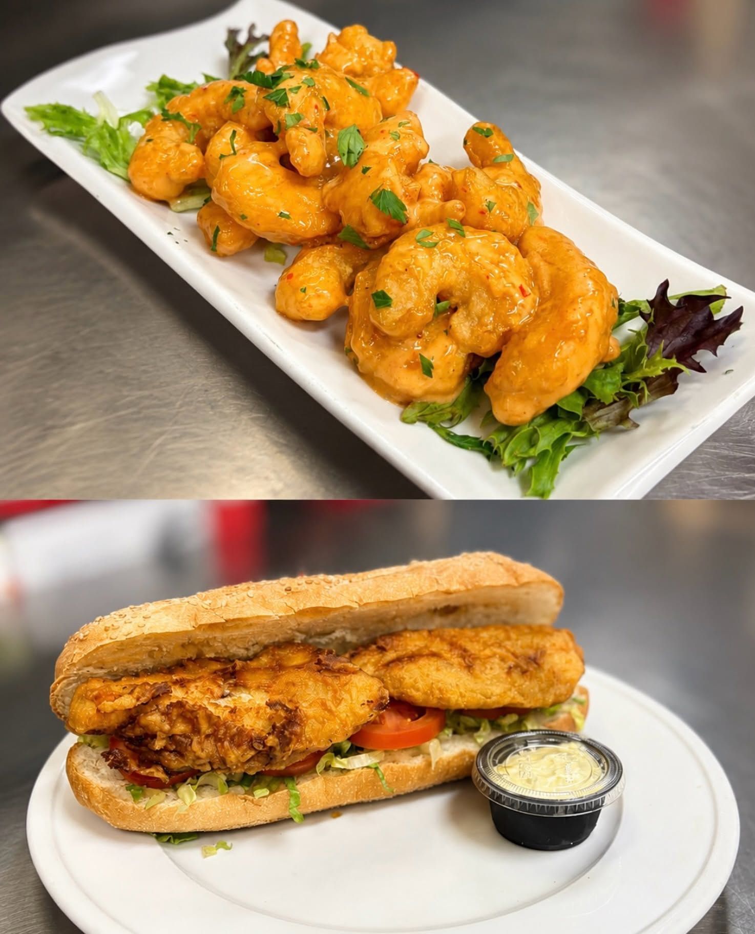 Two plated dishes: fried shrimp on greens and a sub sandwich with sauce on a white plate.