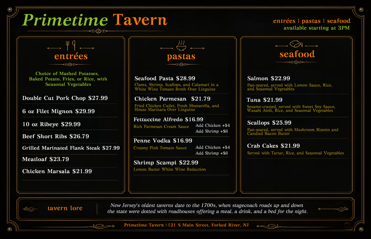 Dark tavern-themed menu board with three columns: entrées, pizzas, and seafood on a black background