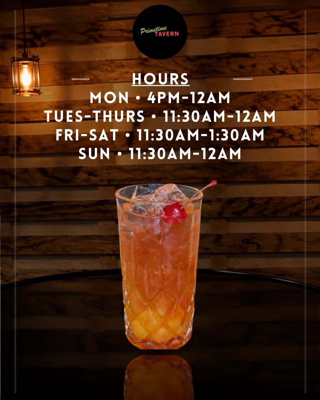 Restaurant hours sign with a cocktail on a wood wall background