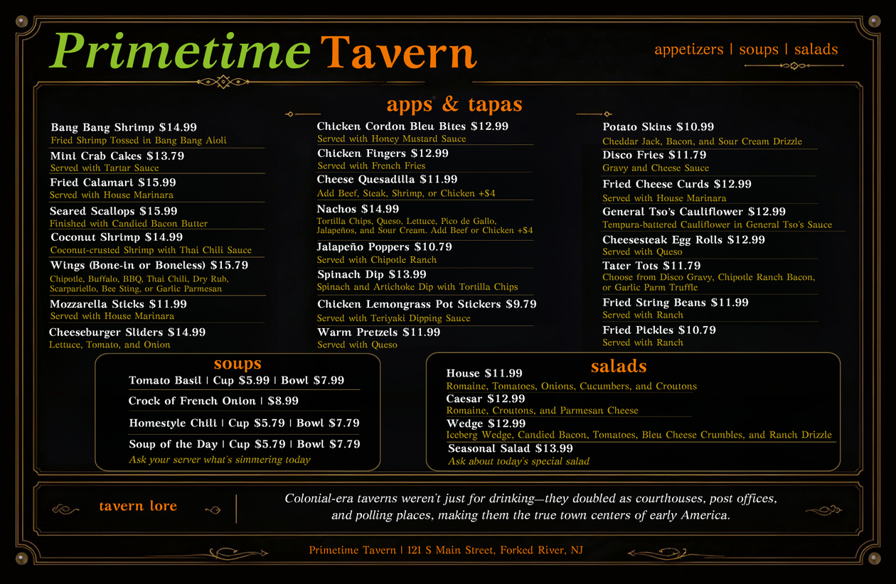 Dark, ornate tavern menu board titled “Primetime Tavern” with food, drink, and dessert listings