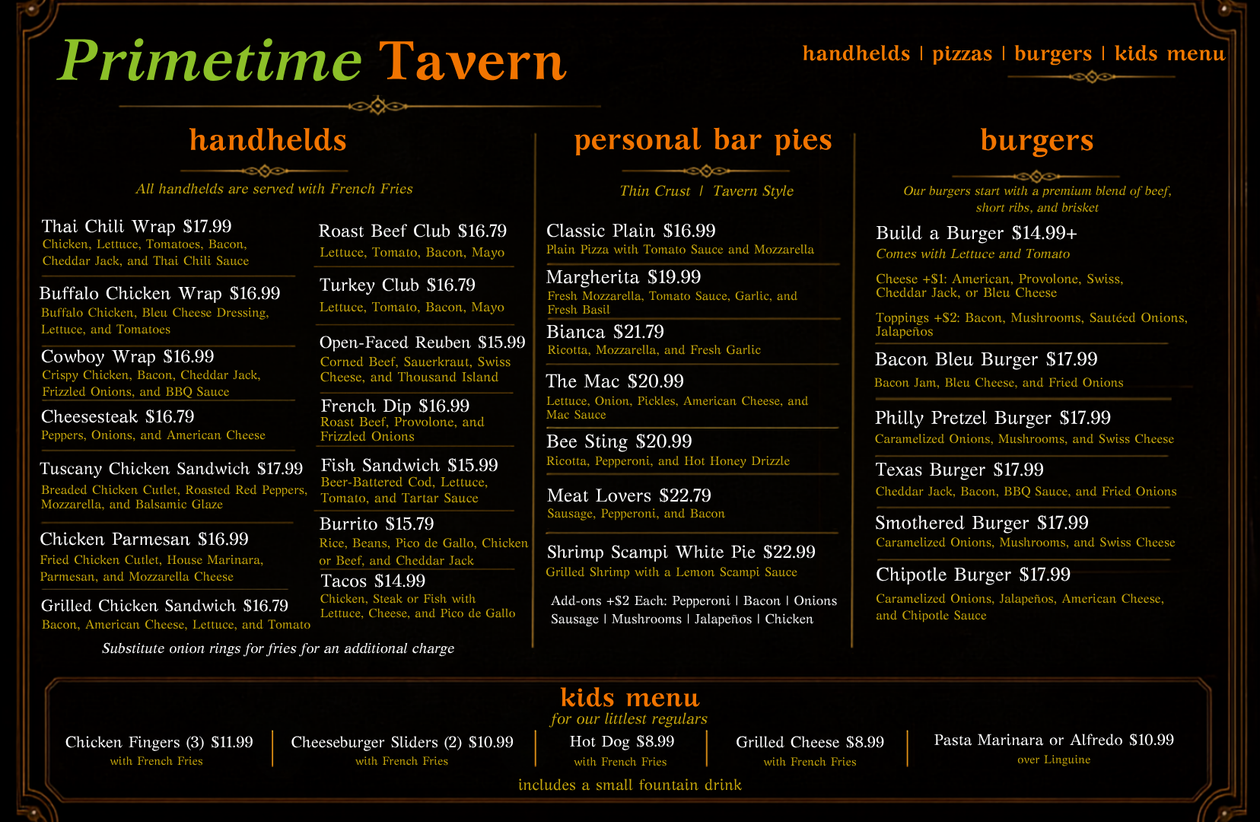 Dark-themed Primetime Tavern menu board with handholds, personal hair packs, burgers, and kids menu sections
