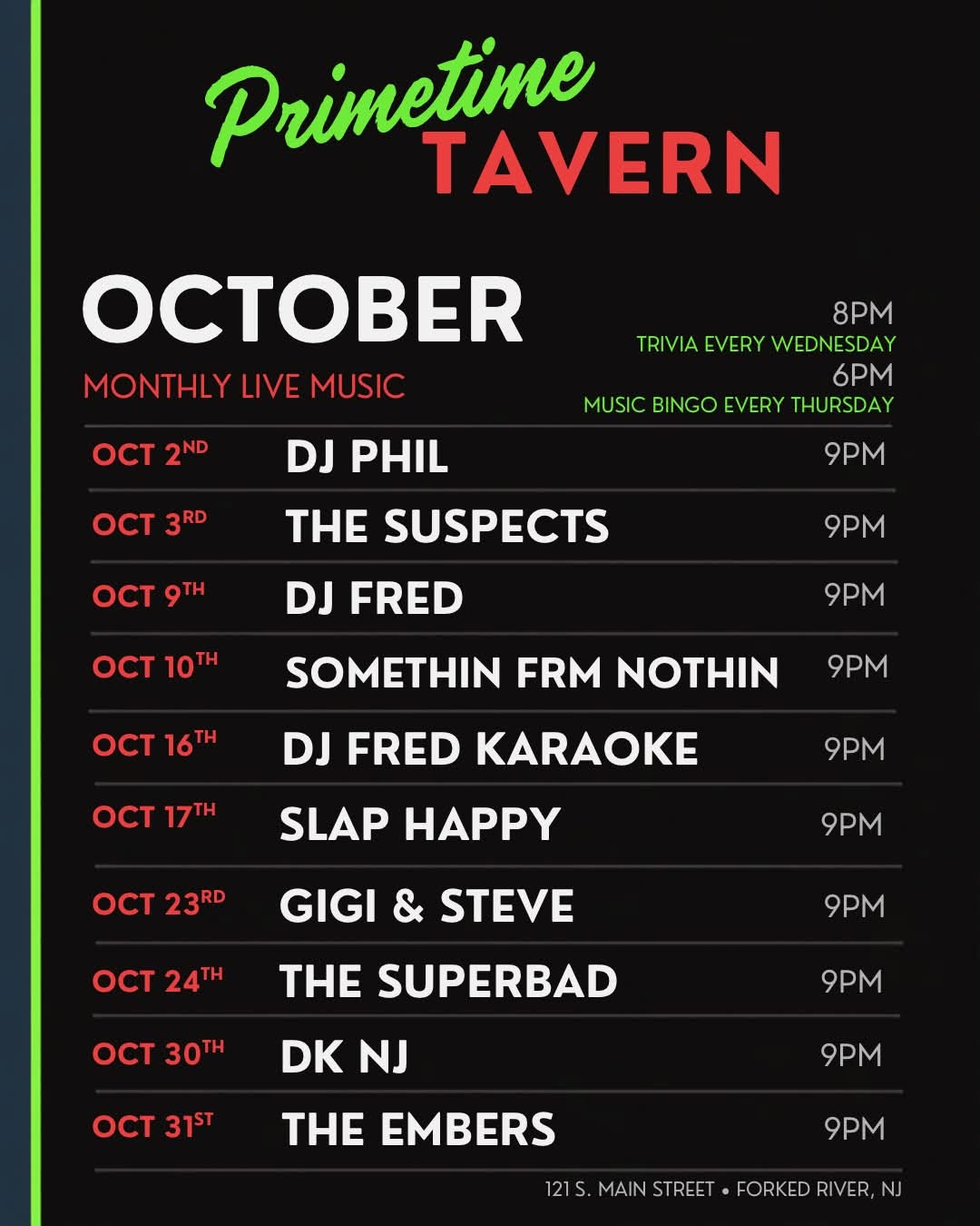 Primetime Tavern October live music schedule poster with dates and performers on a black background