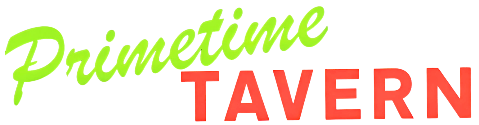 Primetime Tavern logo with lime-green script and bold red text on white background
