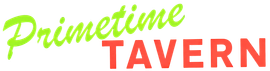 Primetime Tavern logo with lime-green script and bold red text on white background