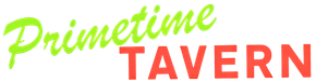 Primetime Tavern logo with lime-green script and bold red text on white background