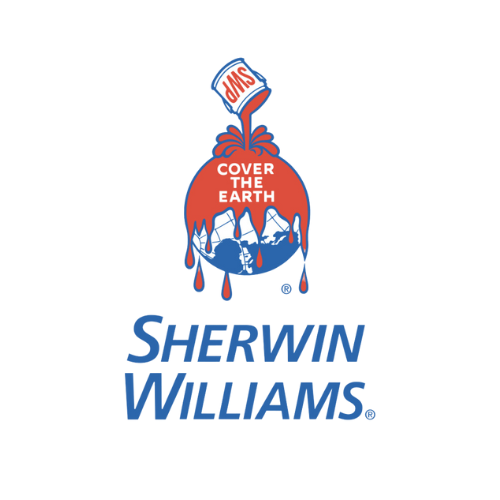 The logo for sherwin williams shows a can of paint pouring into a globe.