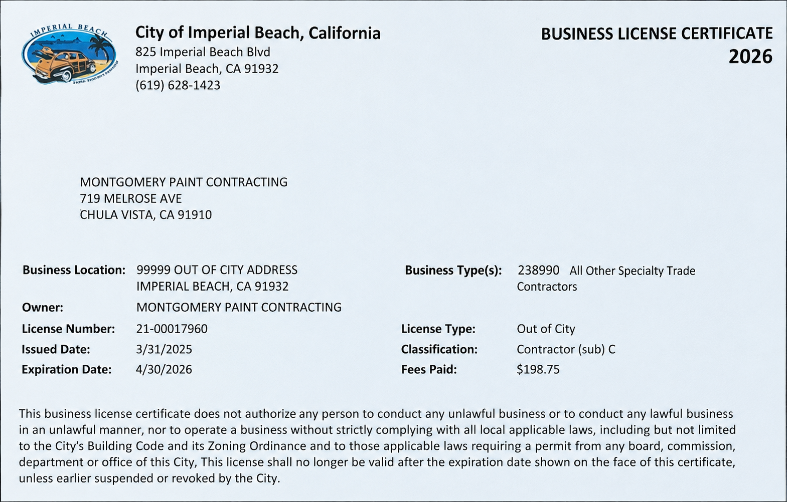 A business license certificate from the city of imperial beach , california.