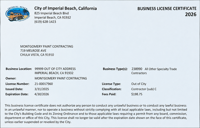 A business license certificate from the city of imperial beach , california.