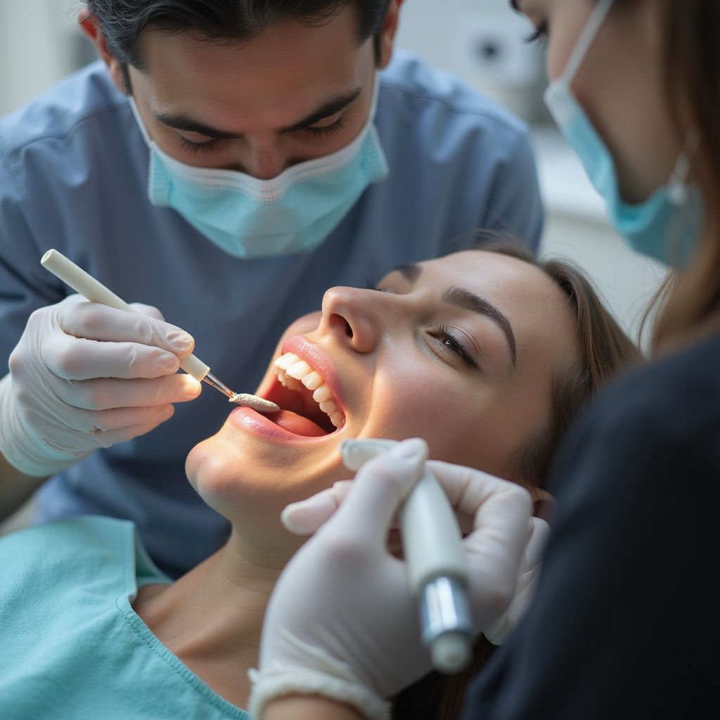Dentist examining a patient’s open mouth with dental tools in a clinic