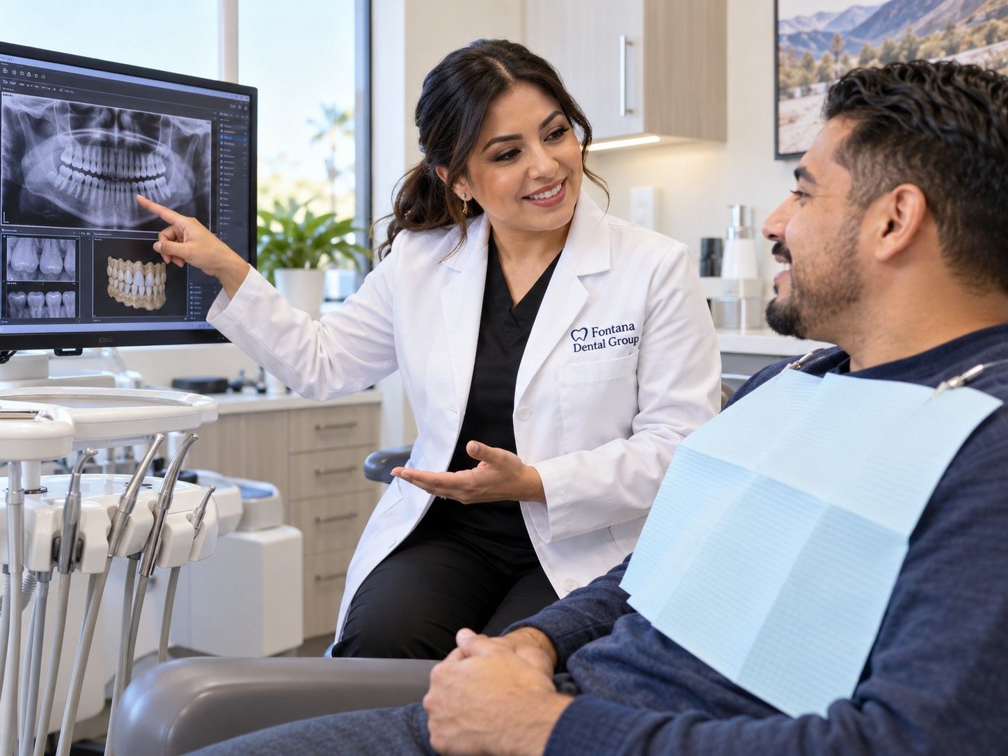 Dentist at Fontana Dental Group reviewing dental X-rays on a monitor with a new patient during his f
