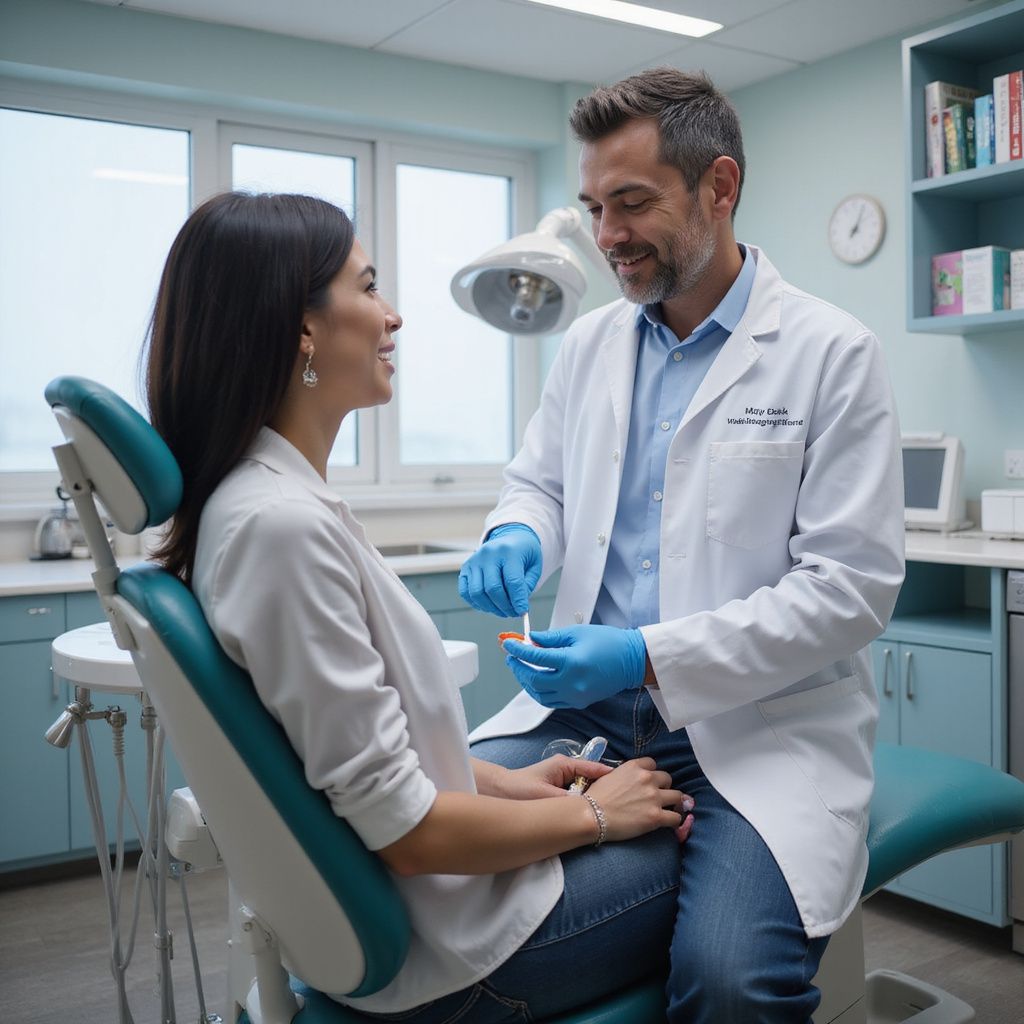 A dentist examines a woman in a dental chair. Blue gloves, lab coat, and dental office setting.