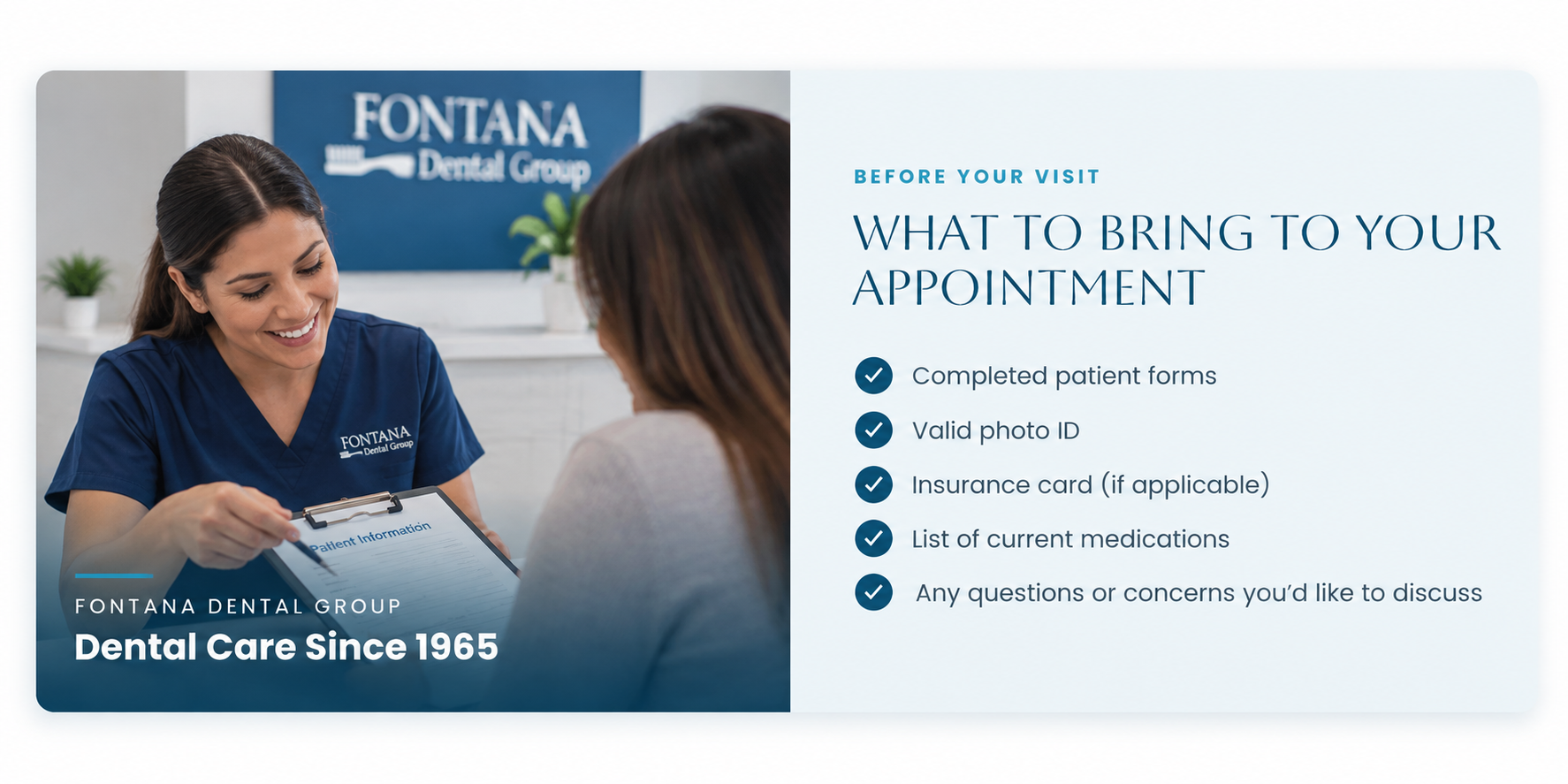 Dental team member helping a patient prepare paperwork for a dental appointment