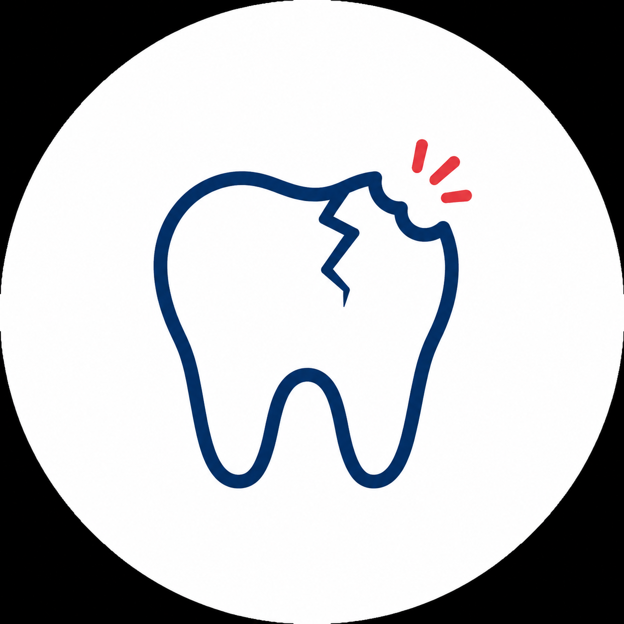 Blue outlined tooth with a crack and red pain marks on a white circle background