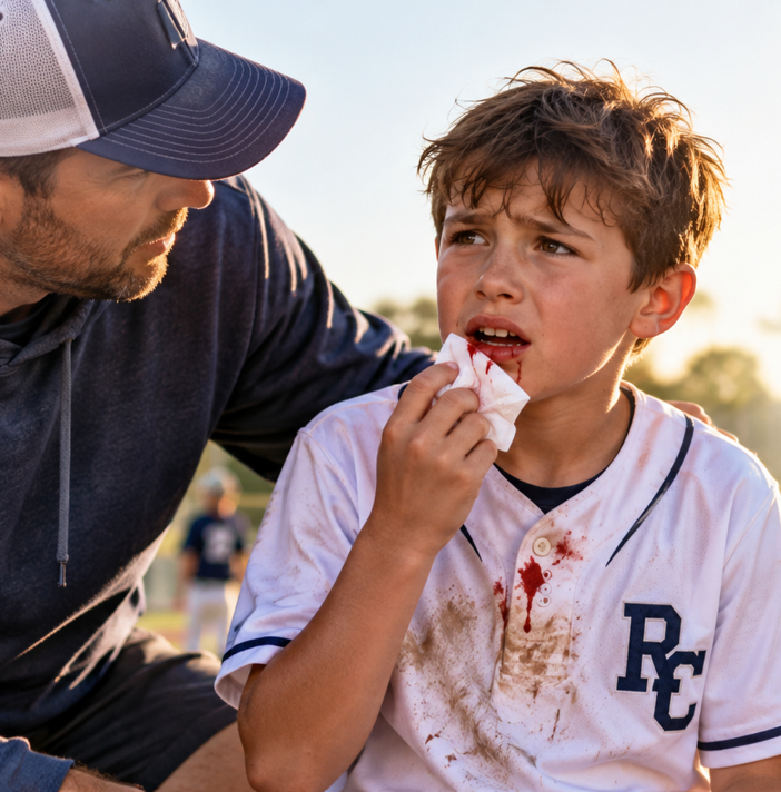 Young Little League baseball player after a dental injury
