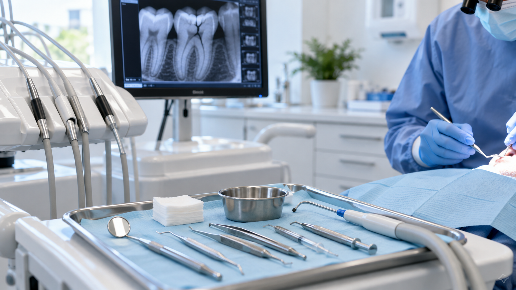 Modern dental treatment room prepared for emergency dental care with dental instruments and a digital tooth X-ray