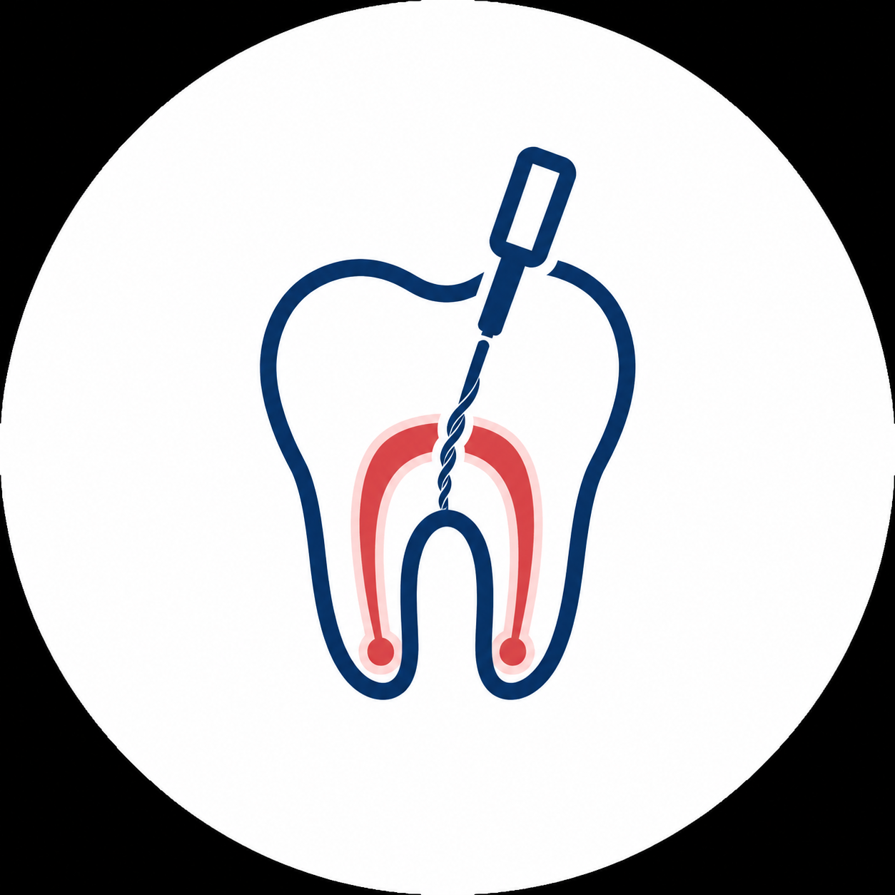 Dental root canal icon with blue tooth outline, red inner root, and endodontic file tool