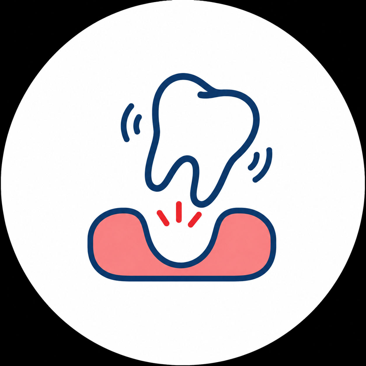 Tooth hovering above a pink gum line, with motion lines suggesting dental pain or sensitivity