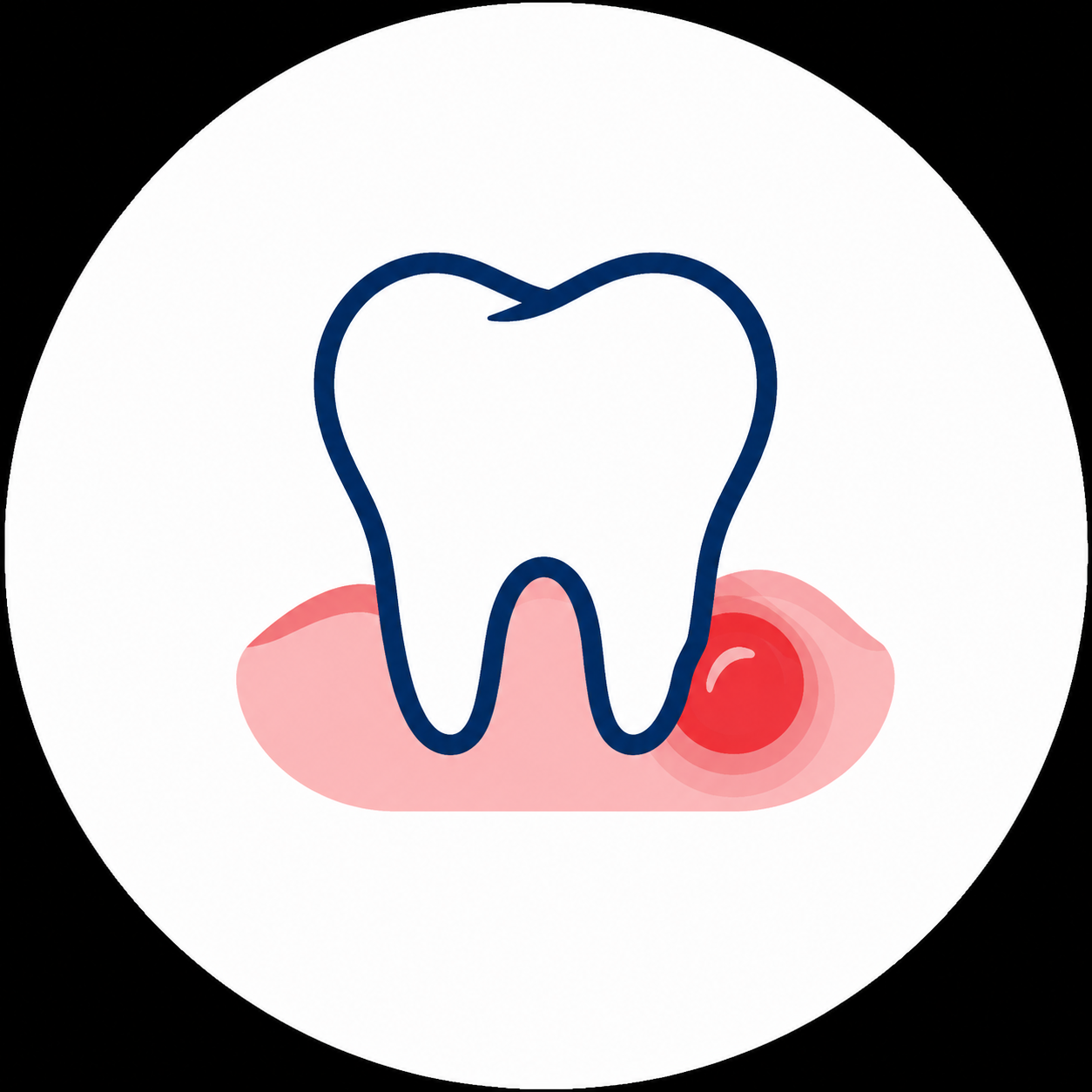 Blue tooth icon over pink gums with a red inflamed spot