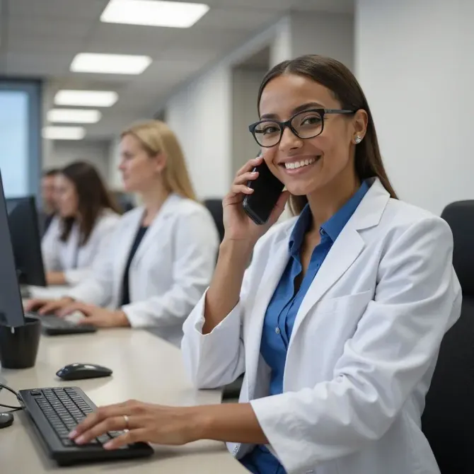 Smiling doctor in a white coat talks on a phone at a computer in a bright office