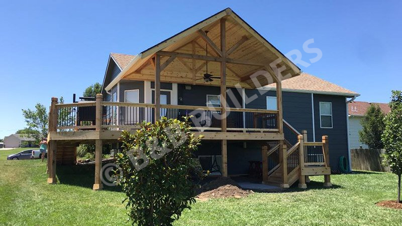 Timber-frame style two story wooden deck