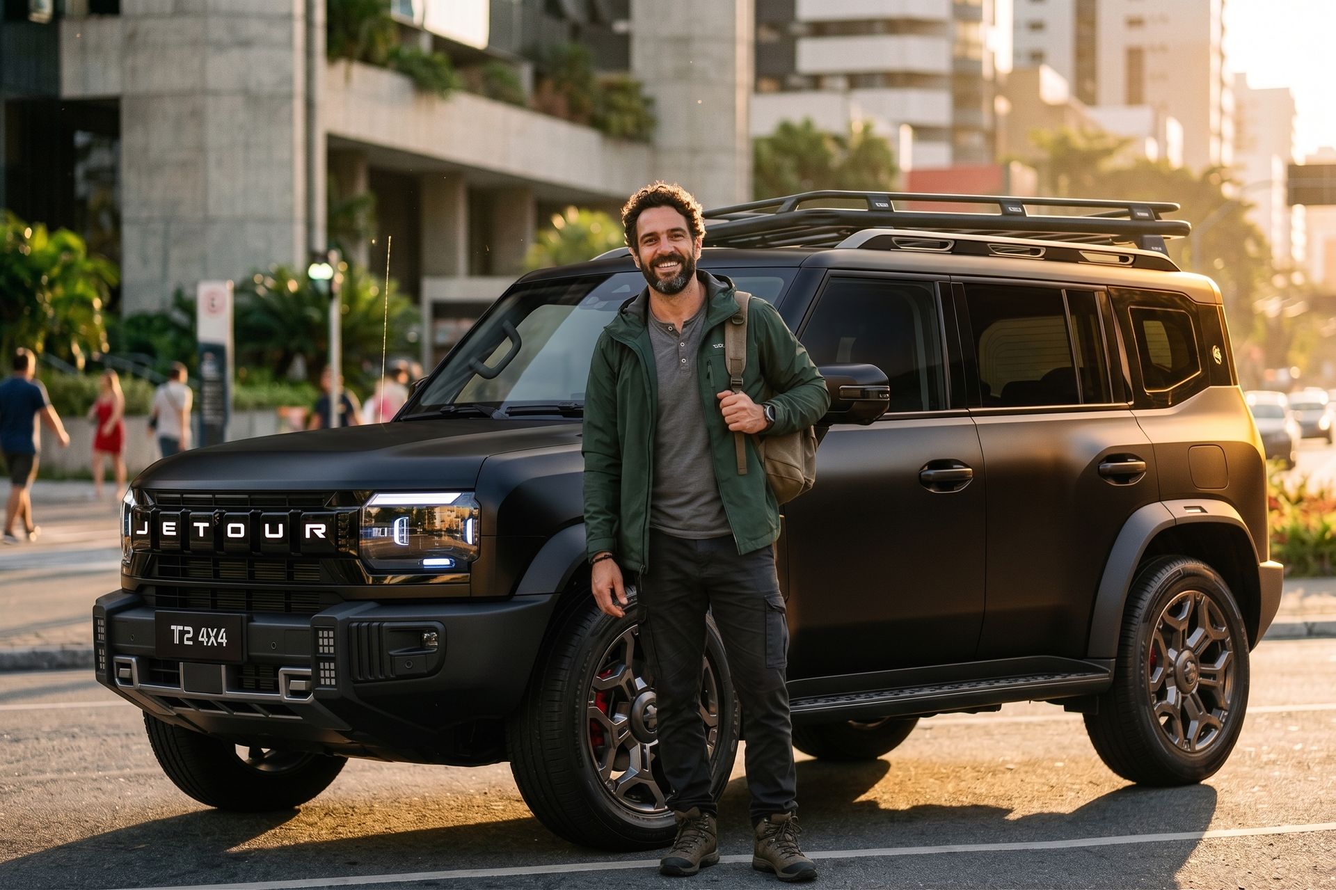 Man standing beside a black SUV on a city street, with modern buildings in the background.