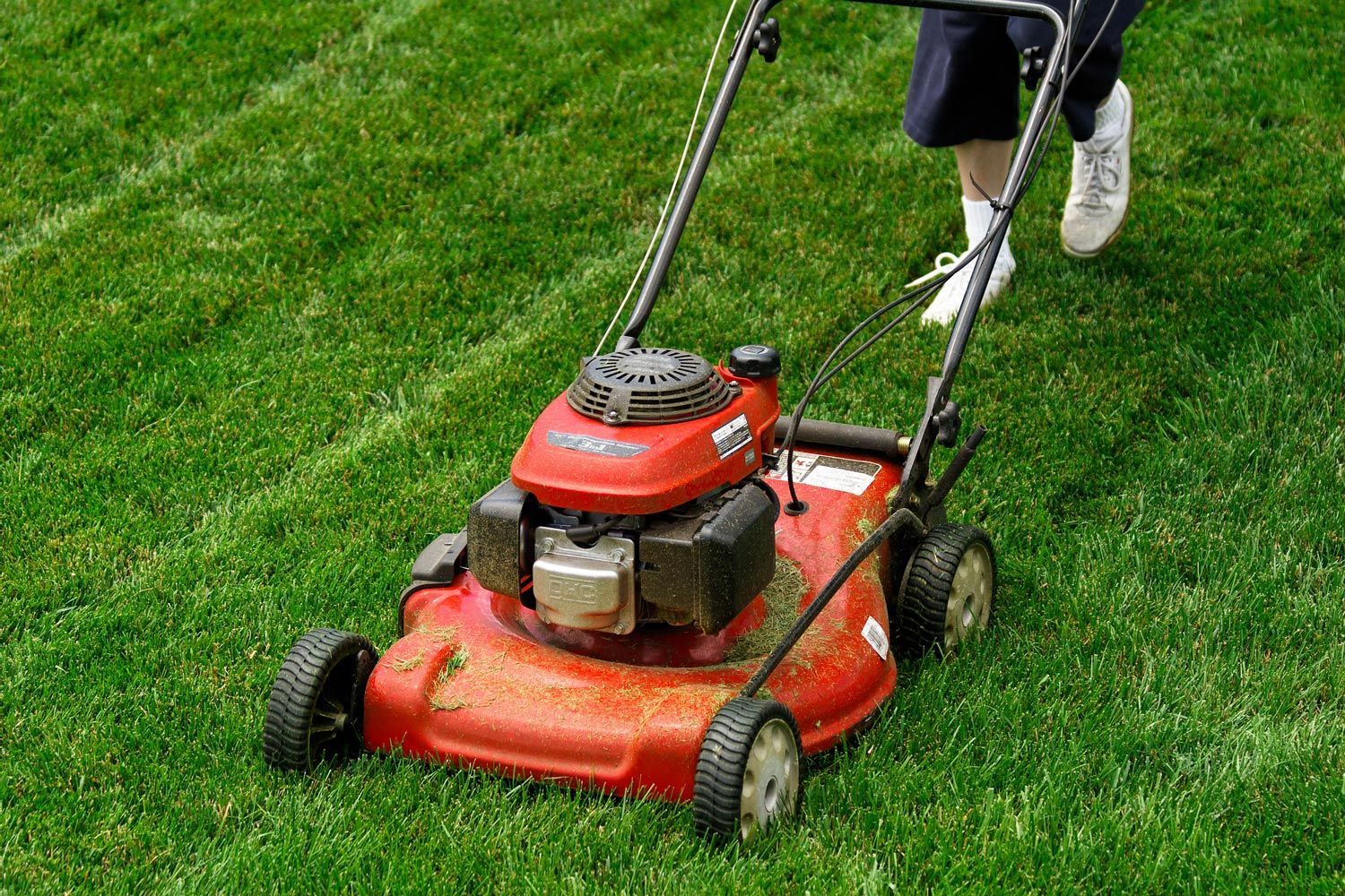 Person pushing a red lawn mower on a grassy lawn