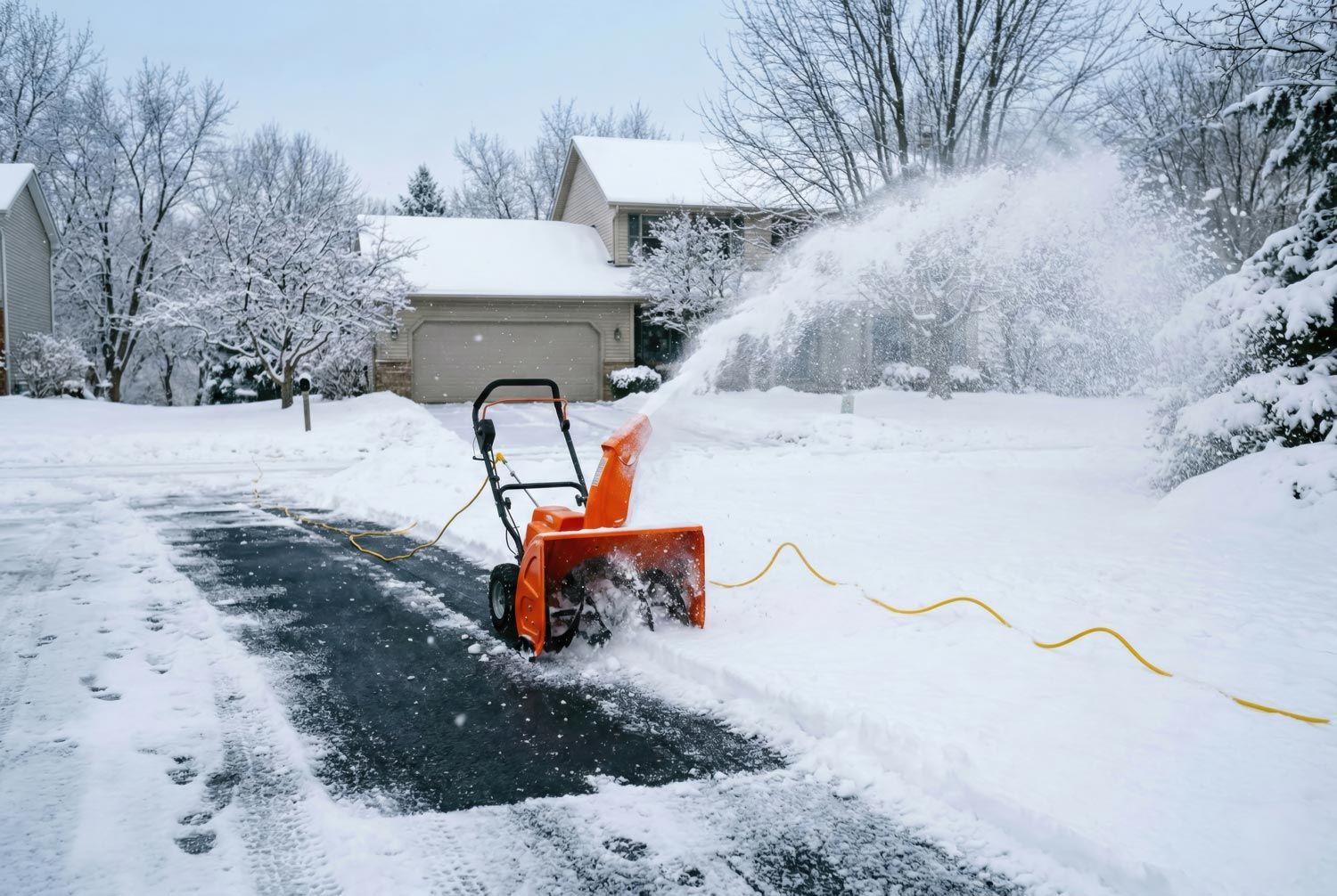 Orange snowblower clearing a snowy driveway, spraying snow beside a house