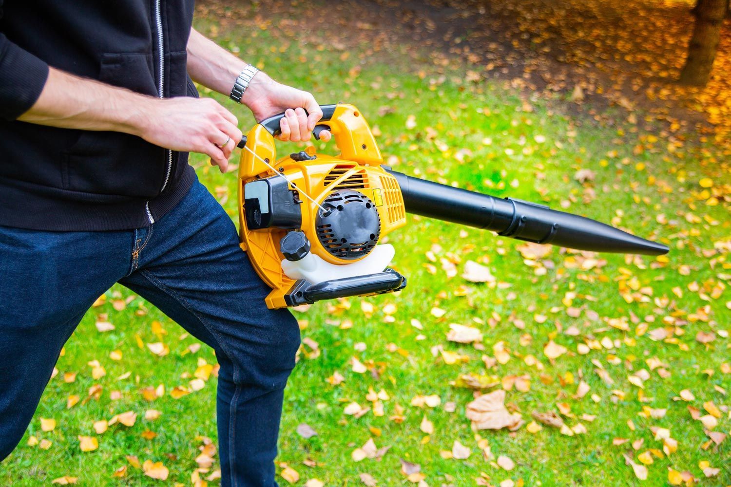 Person holding a yellow leaf blower in a grassy yard with fallen leaves