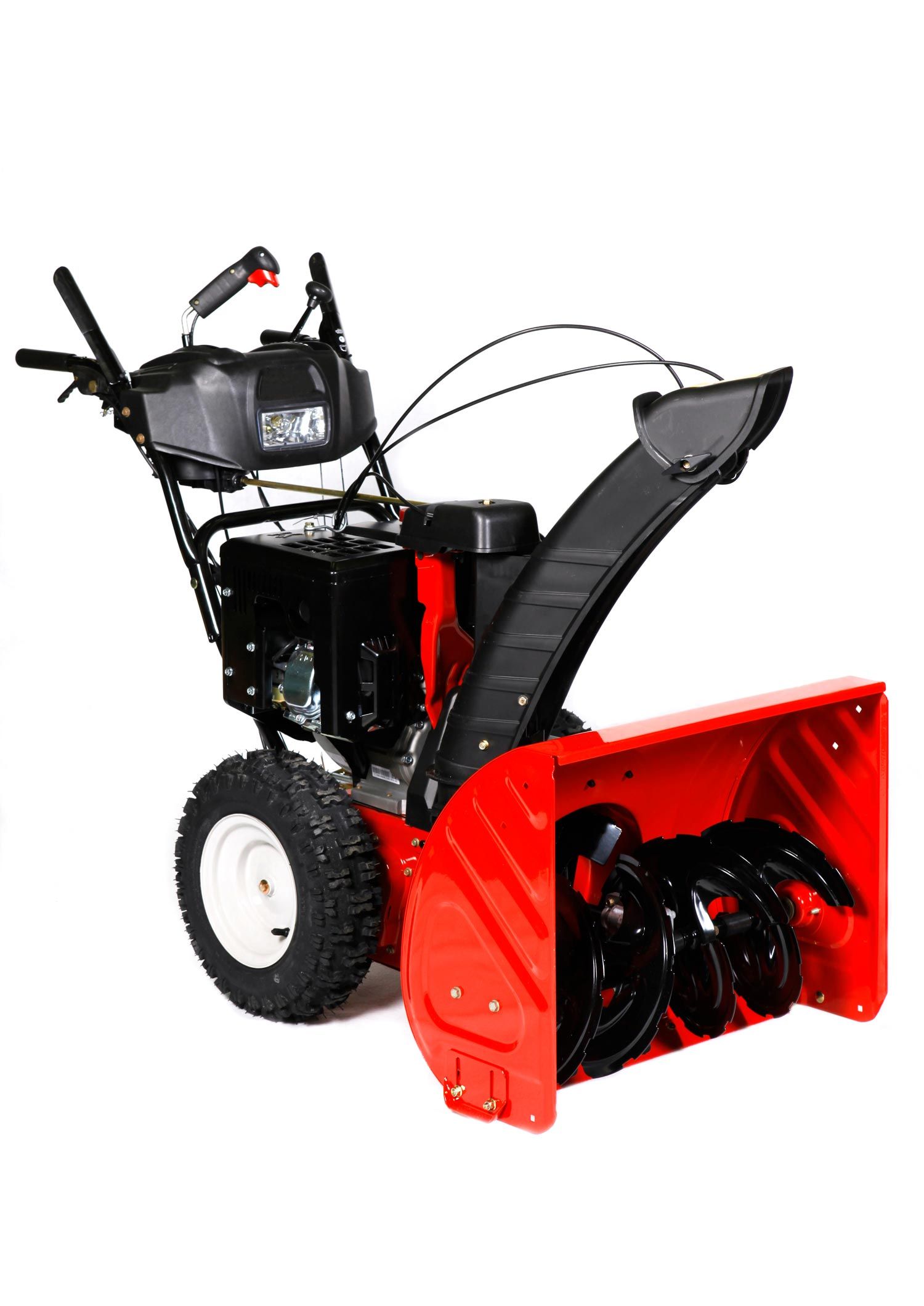 Red snow blower with black handle and white wheels on a white background