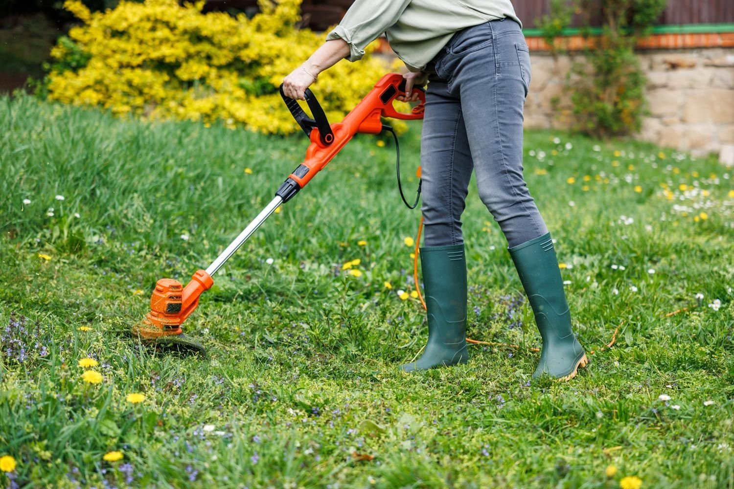 Person using an orange string trimmer on a grassy lawn with yellow flowers