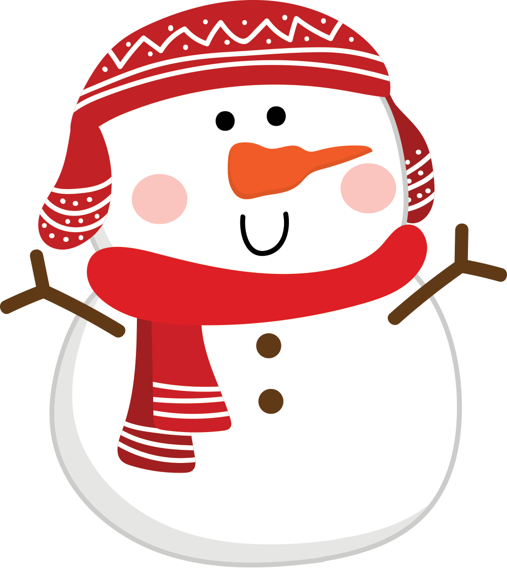 A snowman wearing a red hat and scarf