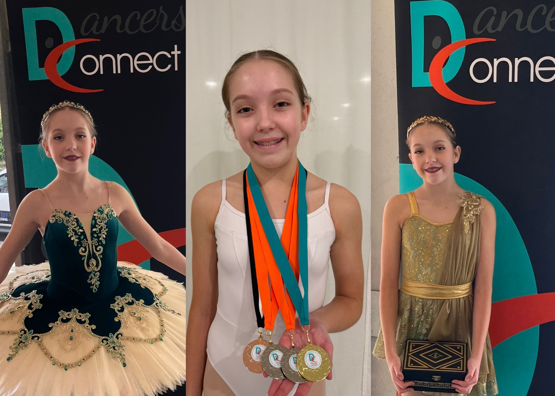 Three-panel collage of a young ballet dancer posing with a scorecard, kneeling, and in a tutu pose on a dark studio backdrop
