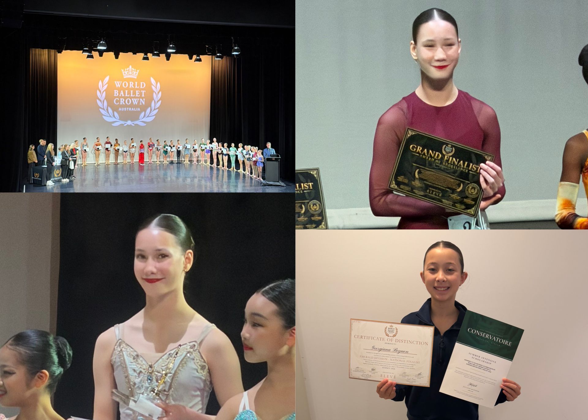 Three-panel collage of a young ballet dancer posing with a scorecard, kneeling, and in a tutu pose on a dark studio backdrop