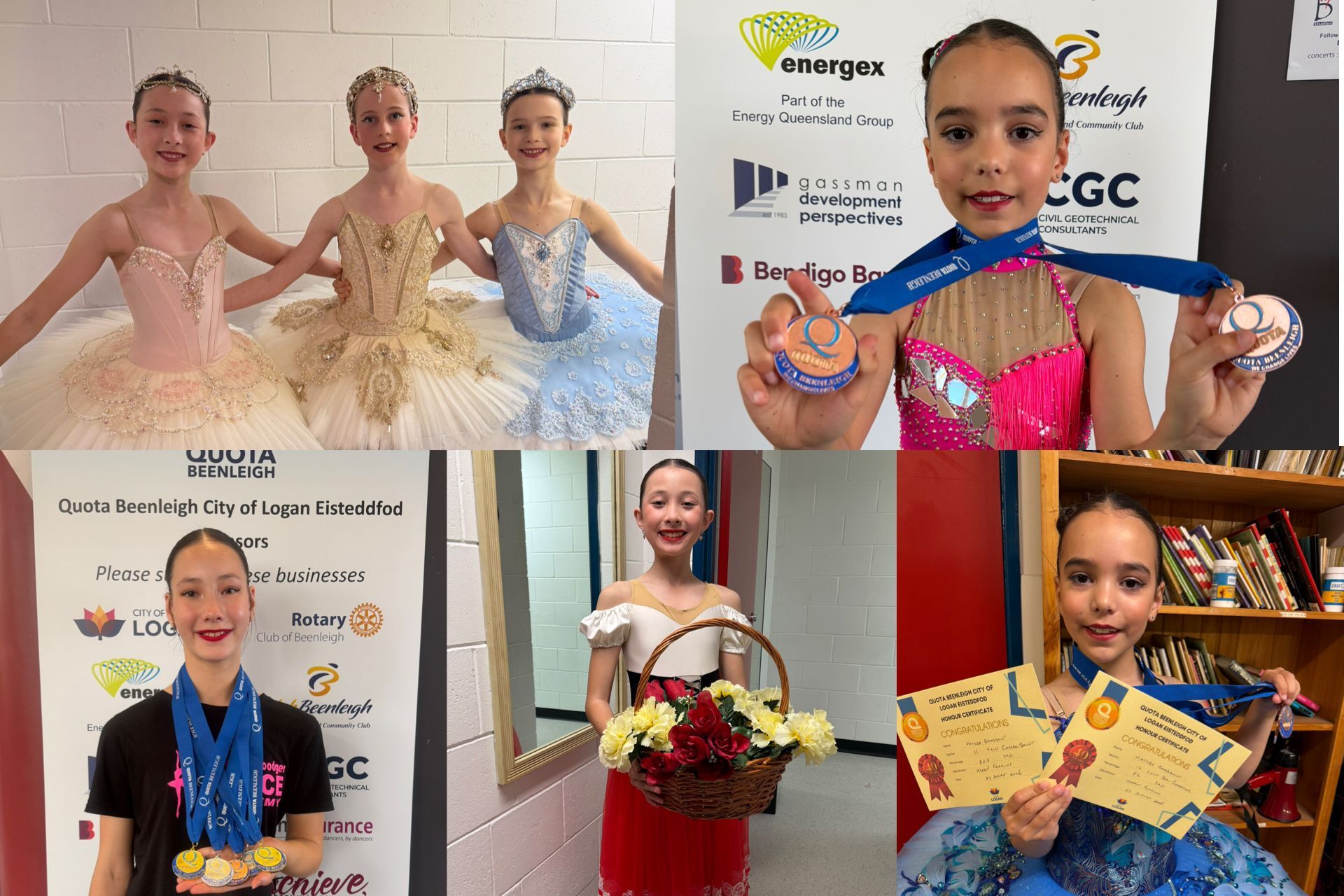 Three-panel collage of a young ballet dancer posing with a scorecard, kneeling, and in a tutu pose on a dark studio backdrop