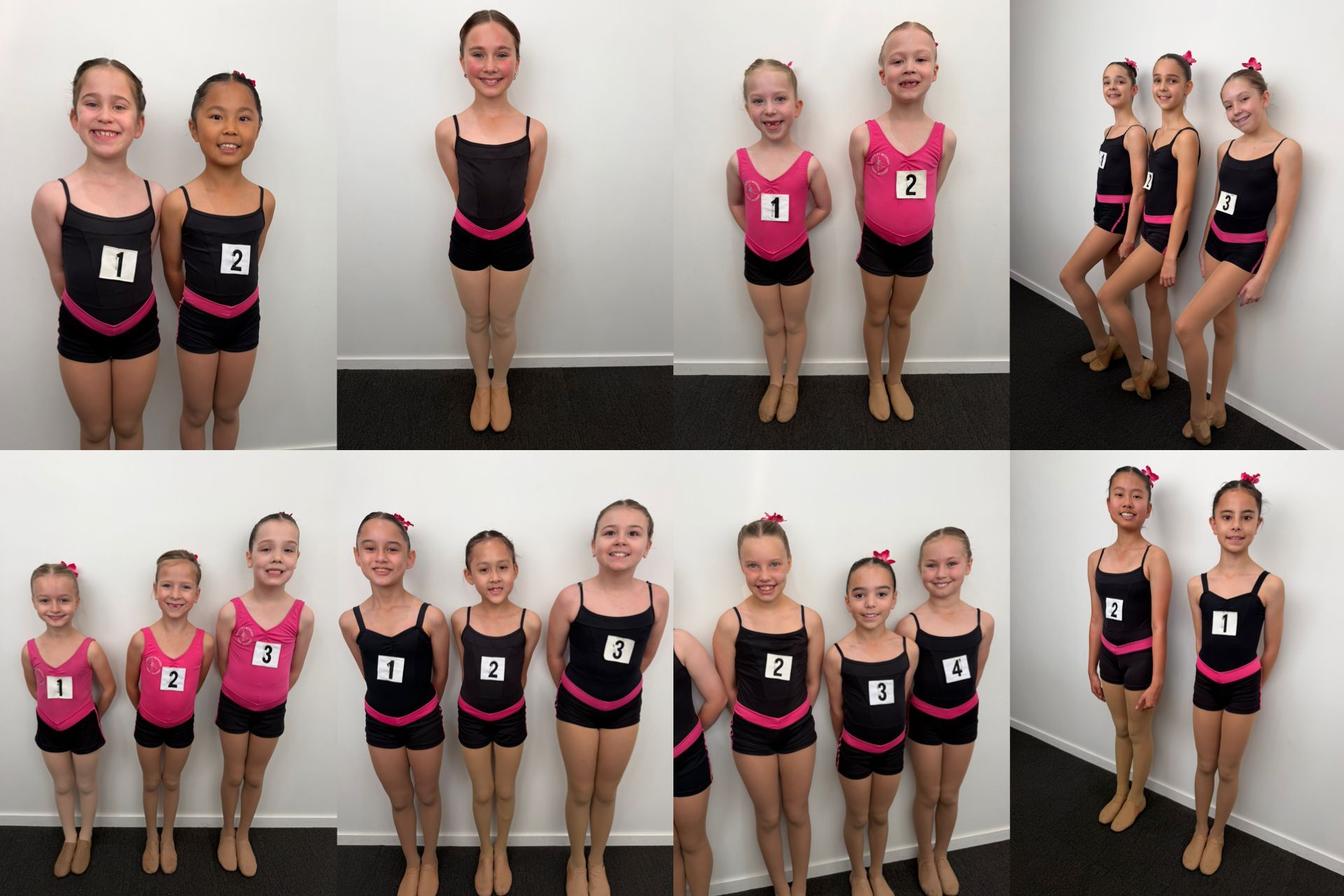 Three-panel collage of a young ballet dancer posing with a scorecard, kneeling, and in a tutu pose on a dark studio backdrop