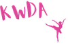 Pink “KWDA” text with a pink ballet dancer silhouette doing a high kick