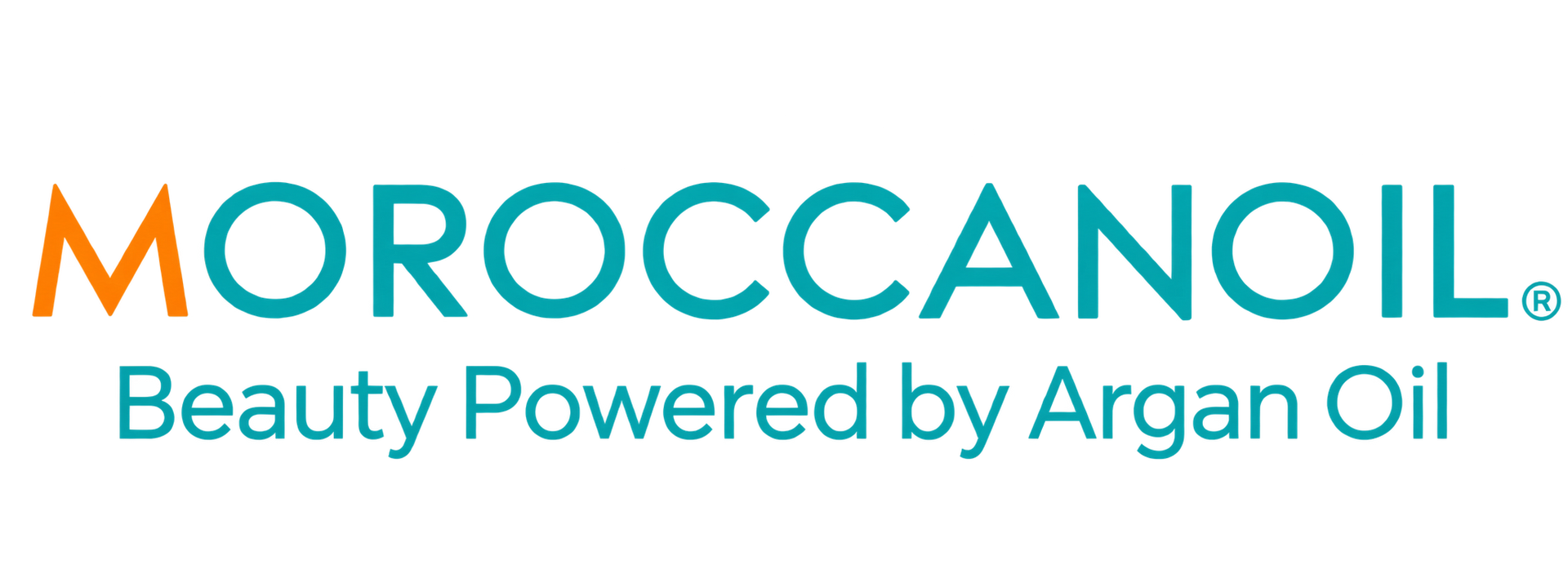 Logo di Moroccanoil nei colori turchese e arancione con lo slogan 