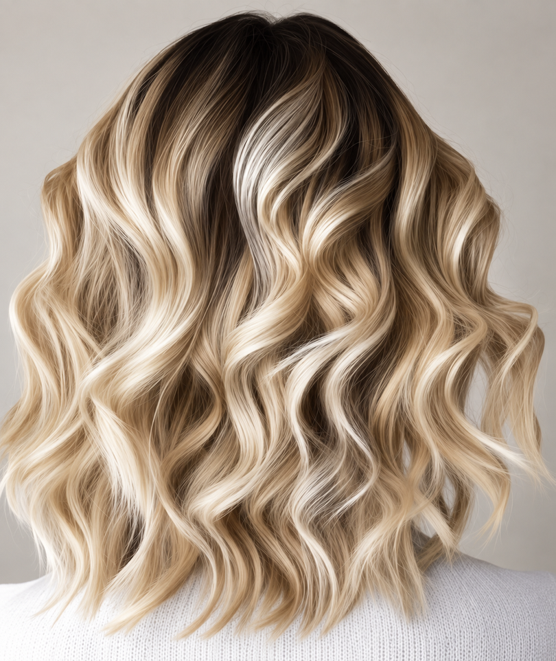 Caschetto biondo ondulato con effetto ombré, visto da dietro su sfondo neutro.