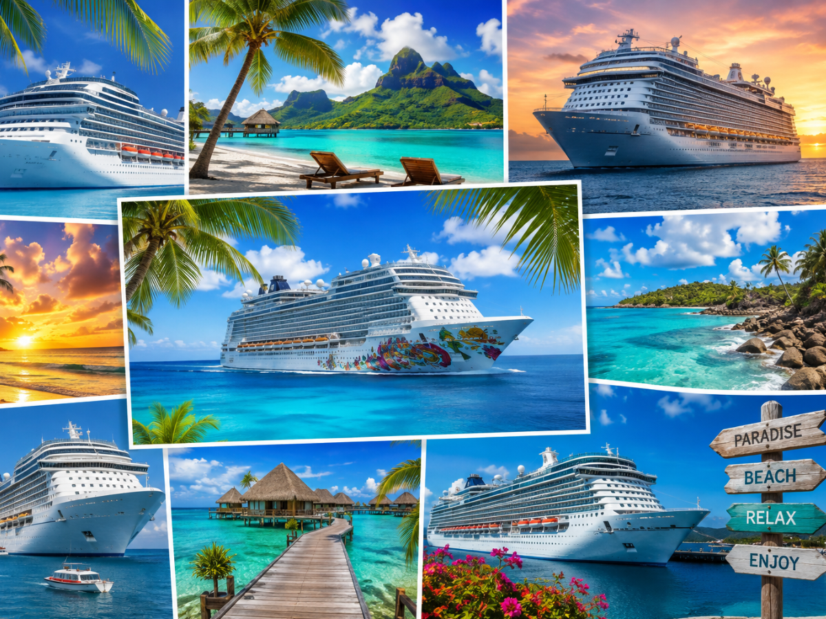 Collage of luxury cruise ships in tropical turquoise seas, palm beaches, sunsets, and island resort scenes