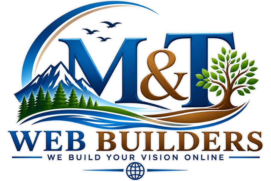 M&T Web Builders logo with mountains, trees, birds, and blue-green text reading “We Build Your Vision Online”