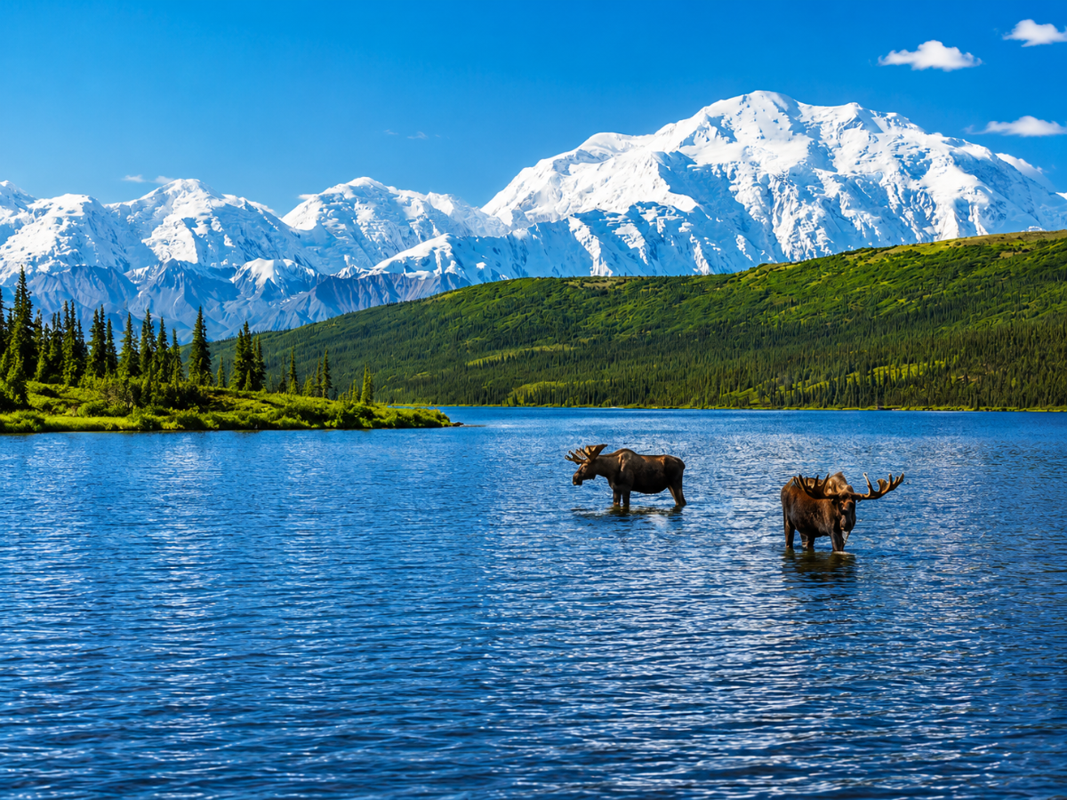 Two moose wading in a blue lake with snow-capped mountains in the background