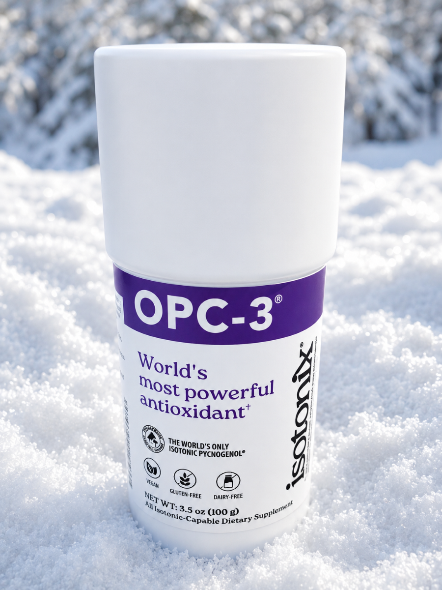 White OPC-3 bottle with purple label standing in snow