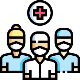 Equipo médico con mascarillas bajo un símbolo médico con una cruz roja.