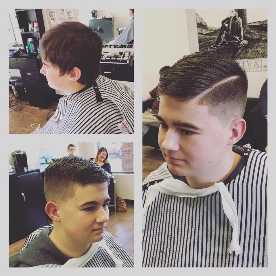 Hair salon collage showing a short men’s haircut transformation from longer hair to a neat fade