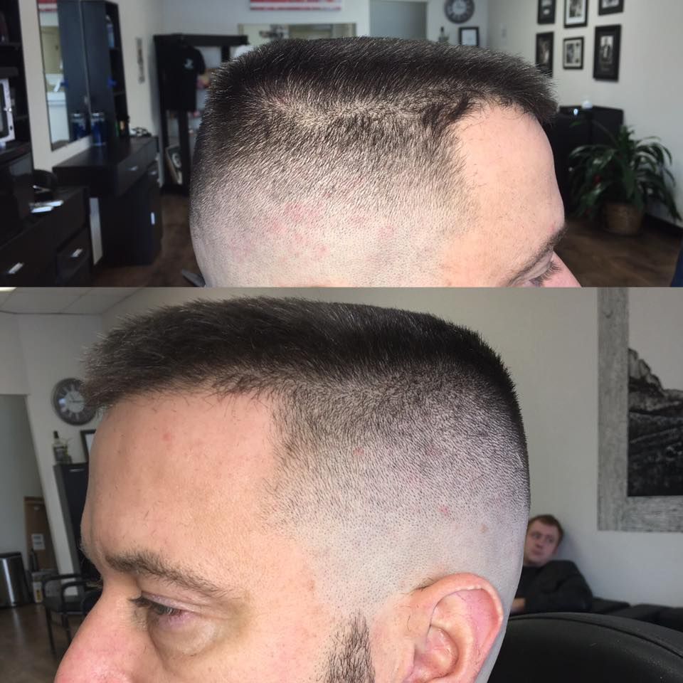 Side-by-side close-up of a short faded haircut from the left side and back.
