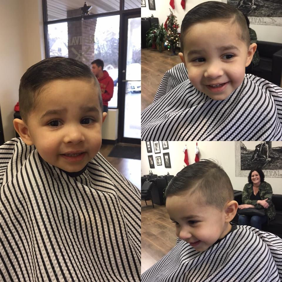 Child smiling in a striped barber cape during a haircut, shown in three poses inside a barbershop.