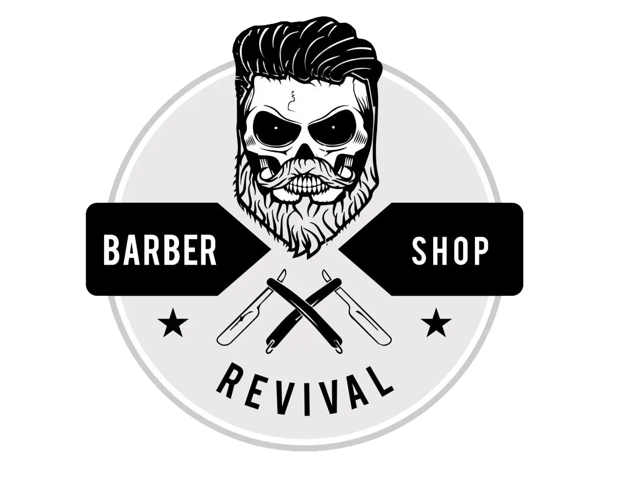 Barber shop revival logo with skull and pompadour, crossed straight razors, black-and-white design